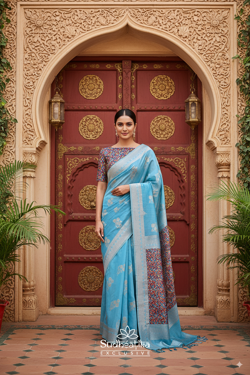 Powder Blue Banarsi Spun Cotton