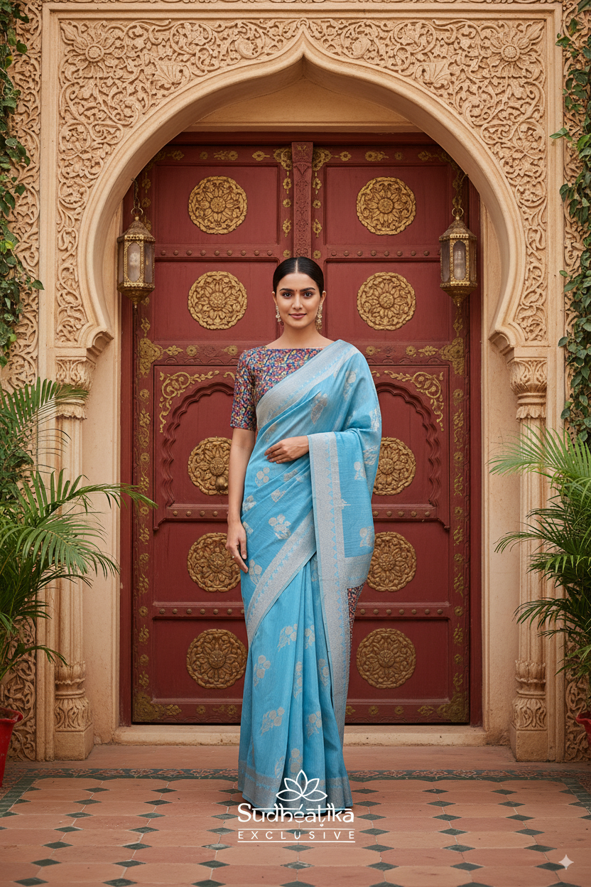 Powder Blue Banarsi Spun Cotton