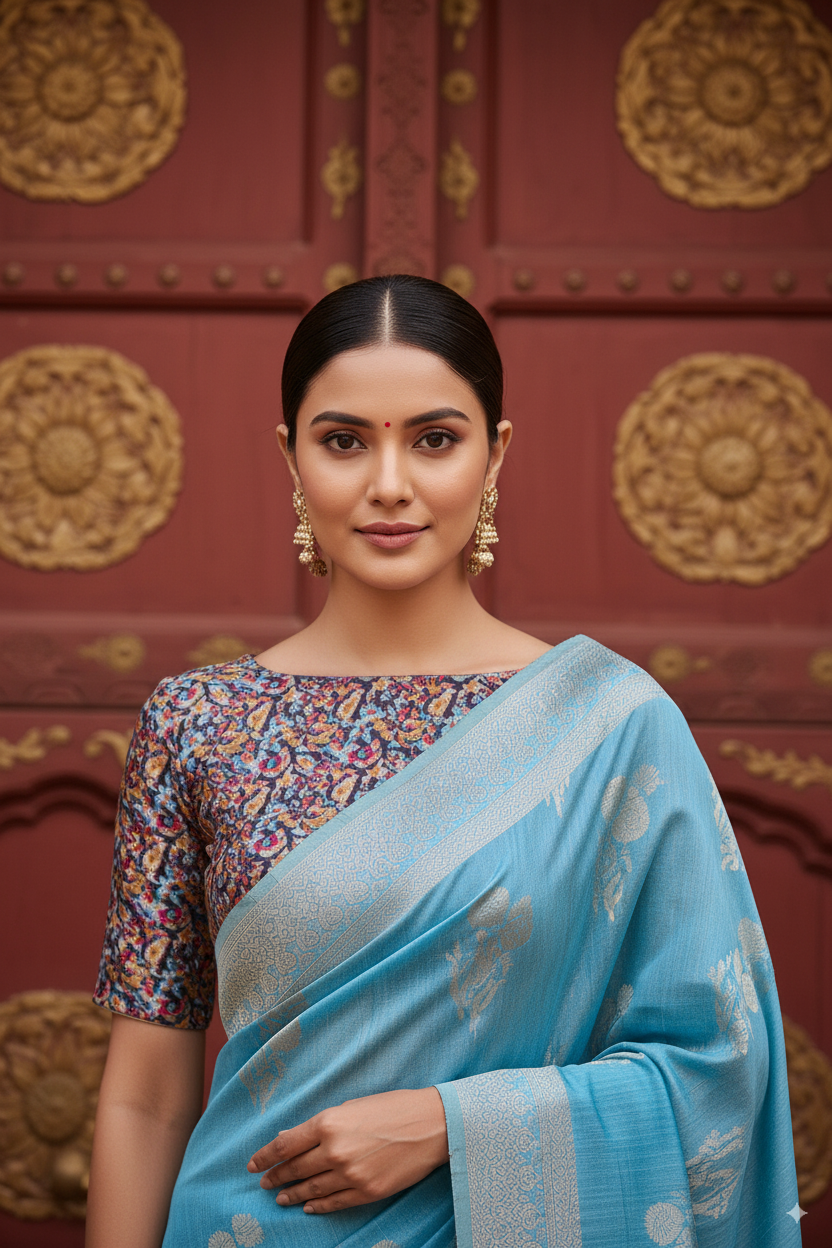 Powder Blue Banarsi Spun Cotton