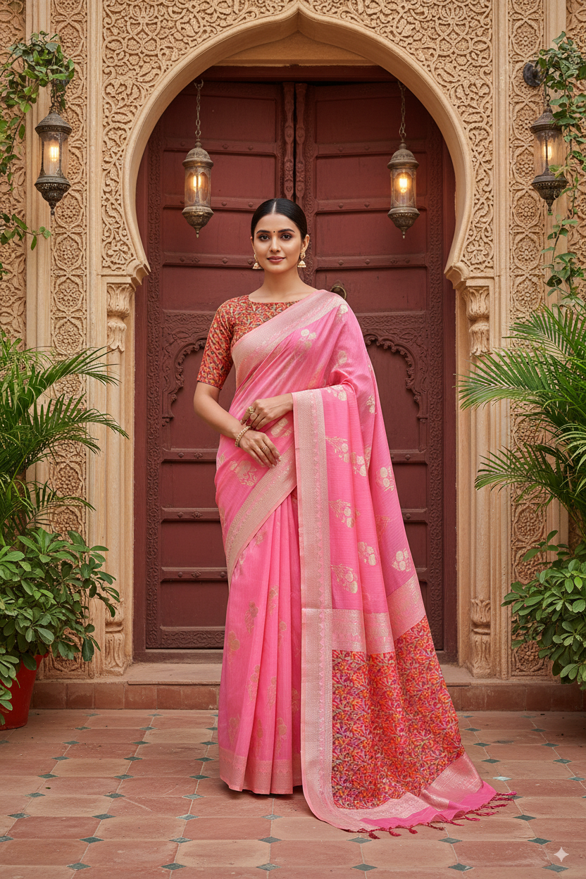 Pink Banarsi Spun Cotton