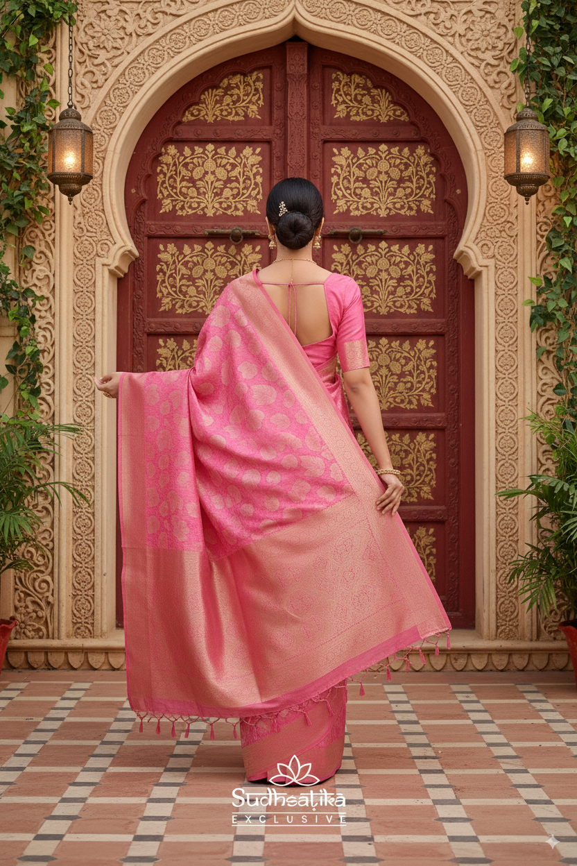 Coral Pink Banarsi Cotton Silk Lightweight