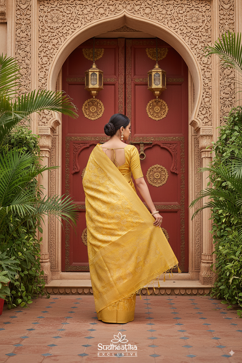 Gold Yellow Banarsi Cotton Silk Lightweight