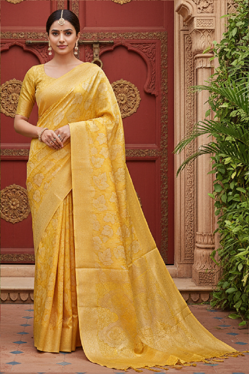 Gold Yellow Banarsi Cotton Silk Lightweight