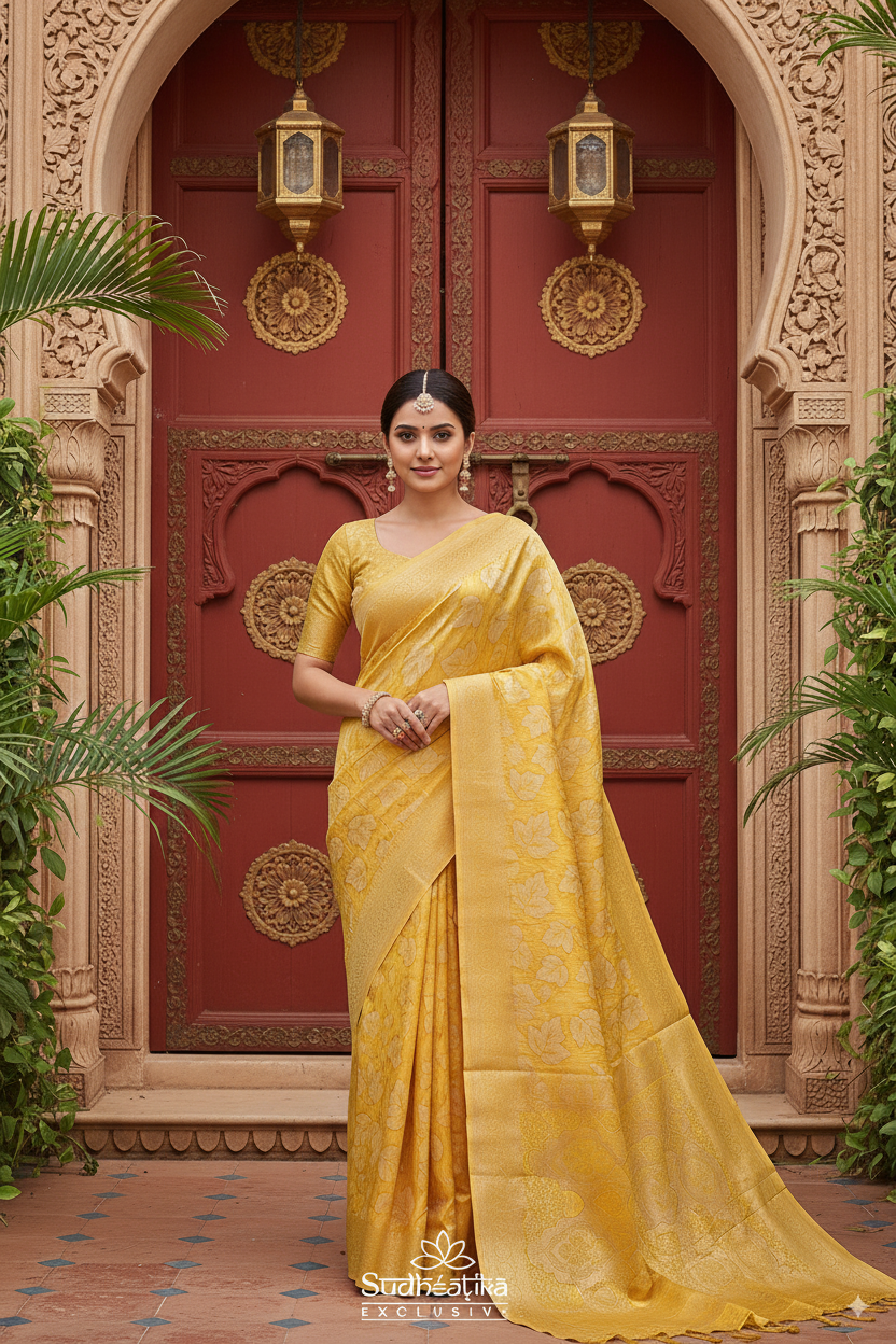 Gold Yellow Banarsi Cotton Silk Lightweight