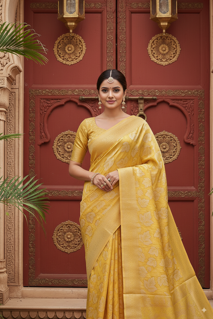 Gold Yellow Banarsi Cotton Silk Lightweight