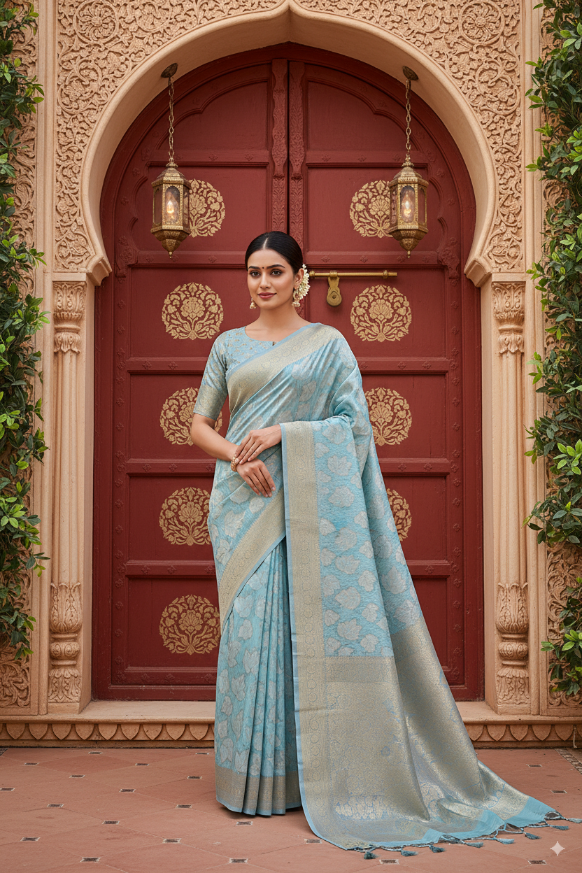 Light Blue Banarsi Cotton Silk Lightweight