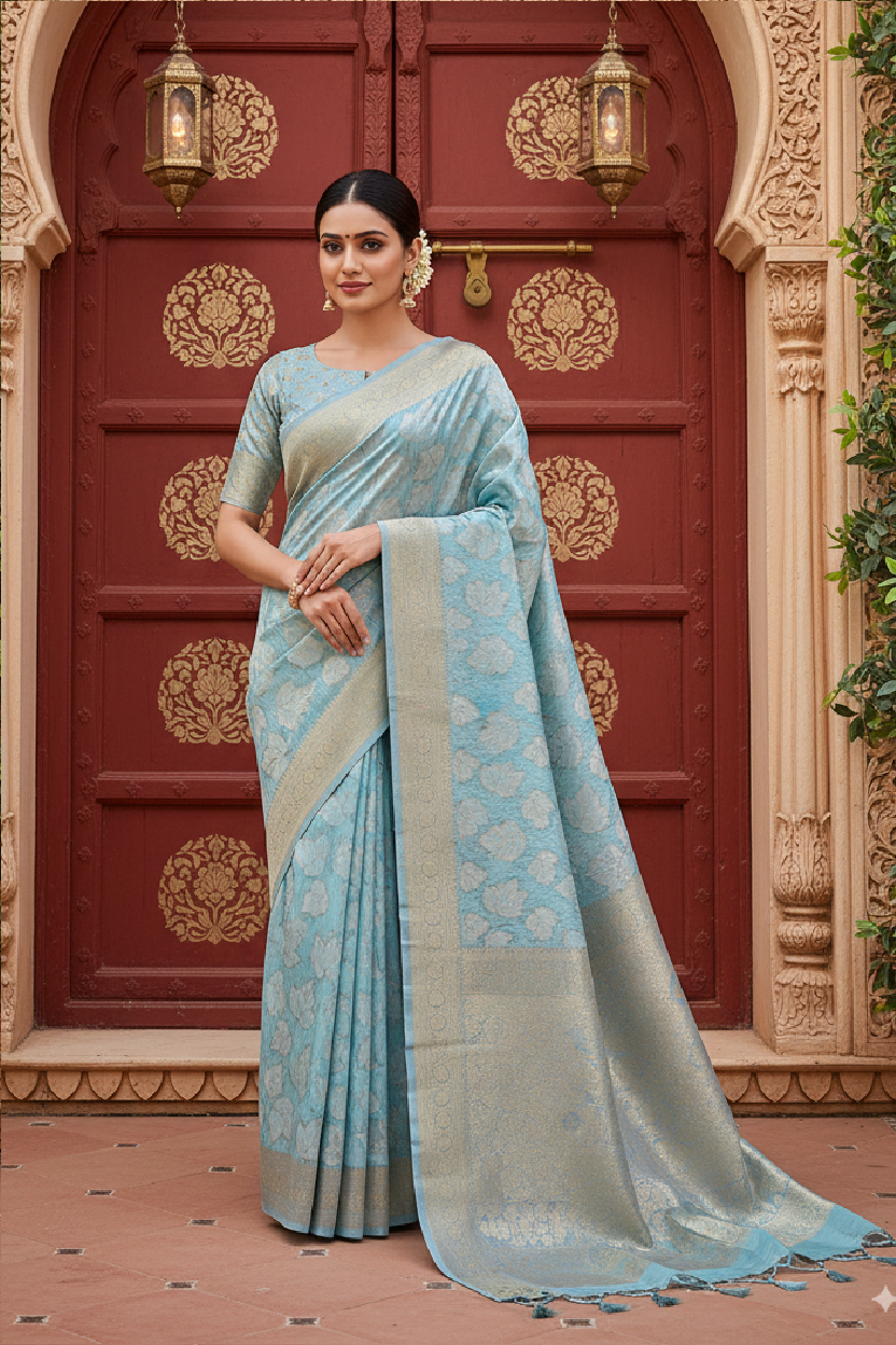 Light Blue Banarsi Cotton Silk Lightweight