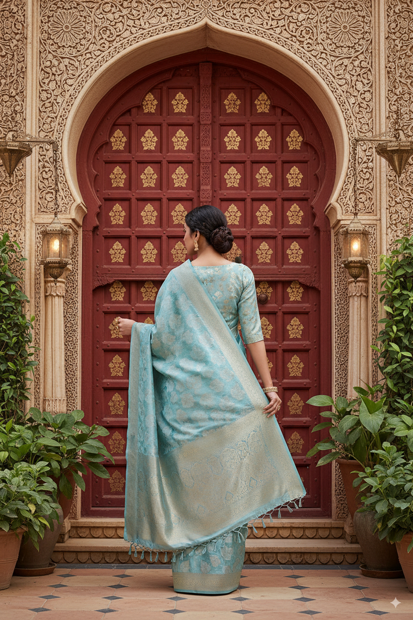 Light Blue Banarsi Cotton Silk Lightweight