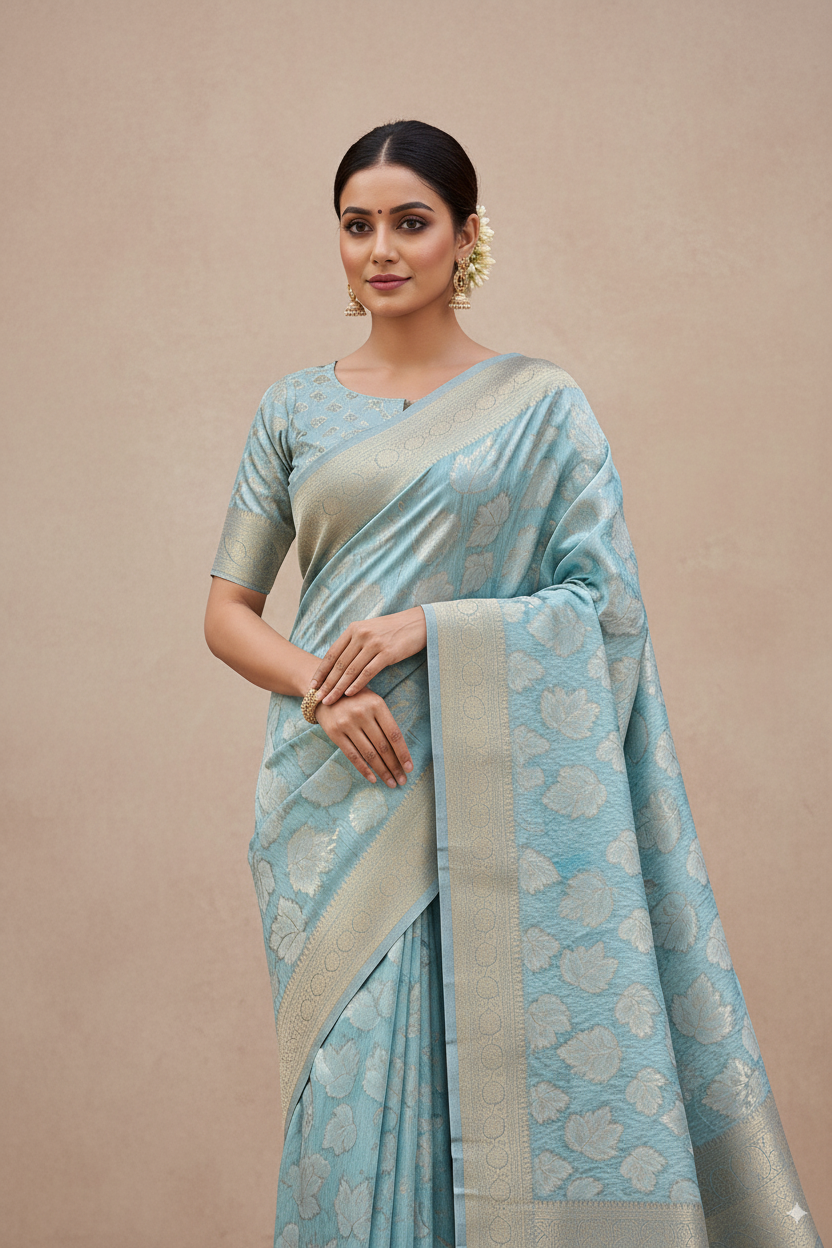 Light Blue Banarsi Cotton Silk Lightweight