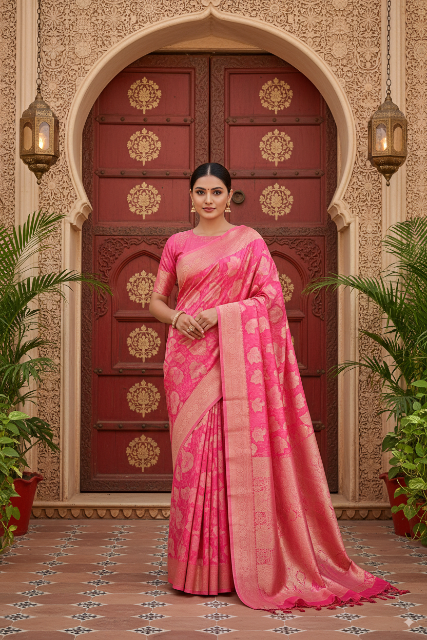 Coral Pink Banarsi Cotton Silk Lightweight
