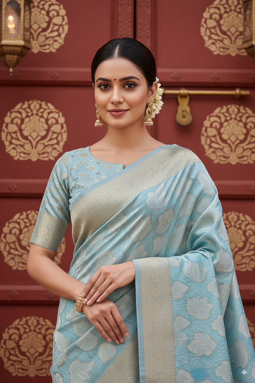 Light Blue Banarsi Cotton Silk Lightweight