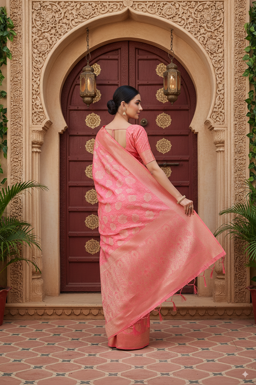 Peach Banarsi Cotton Silk Lightweight