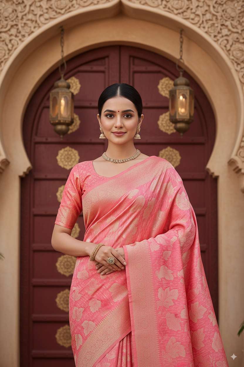 Peach Banarsi Cotton Silk Lightweight