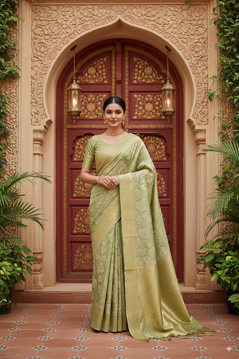 Parrot Green Banarsi Cotton Silk Lightweight