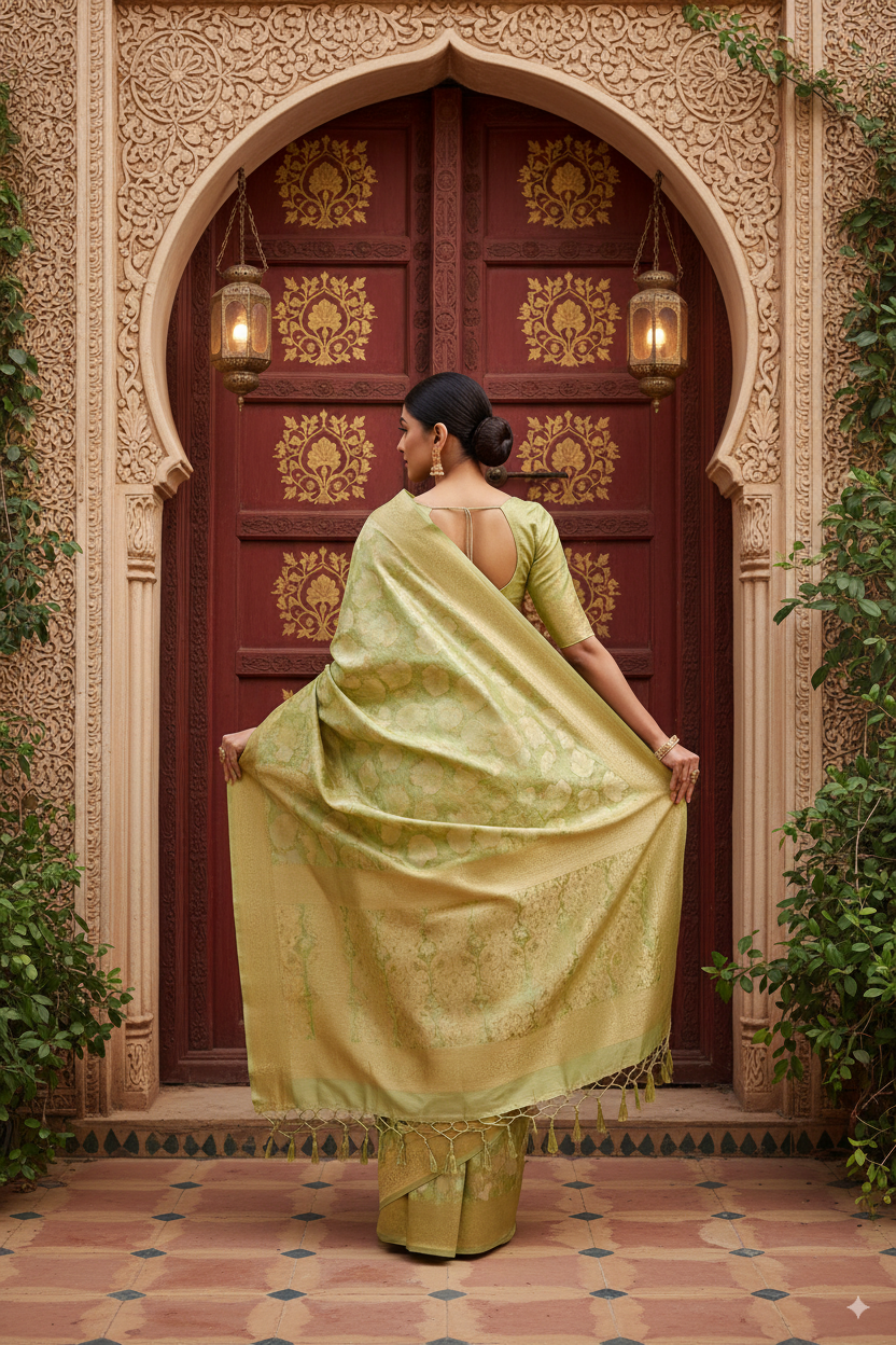 Parrot Green Banarsi Cotton Silk Lightweight