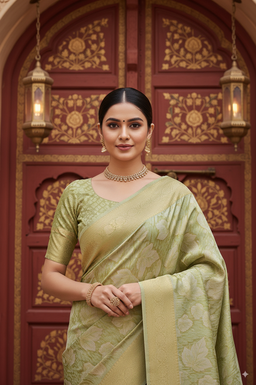 Parrot Green Banarsi Cotton Silk Lightweight