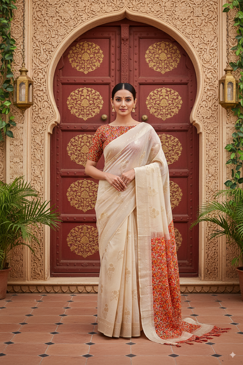 Bright Cream Banarsi Spun Cotton