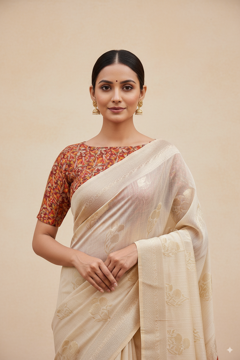 Bright Cream Banarsi Spun Cotton