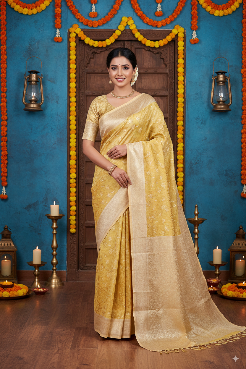Lemon Yellow Banarsi Cotton Silk Lightweight