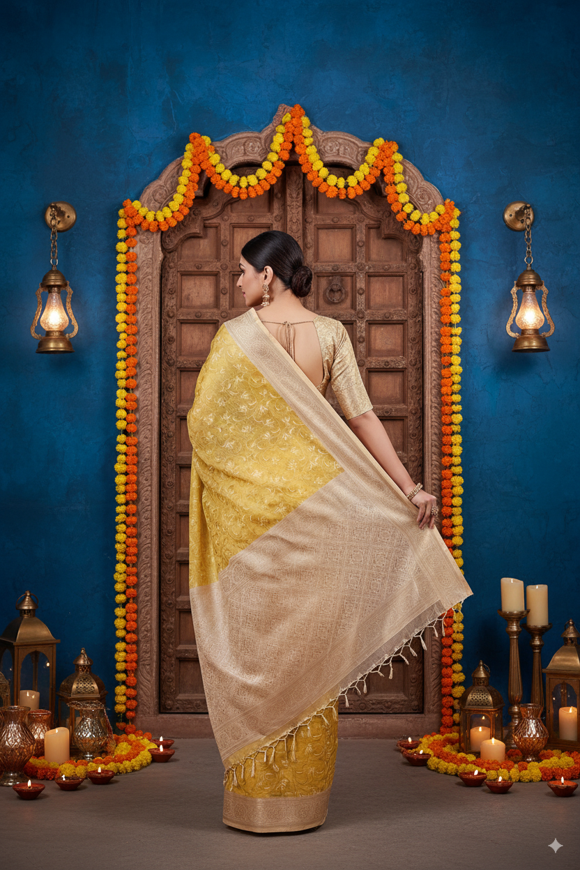 Lemon Yellow Banarsi Cotton Silk Lightweight