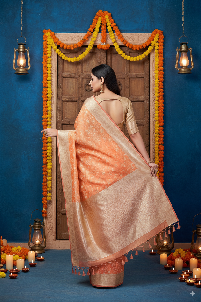 Peach Banarsi Cotton Silk Lightweight