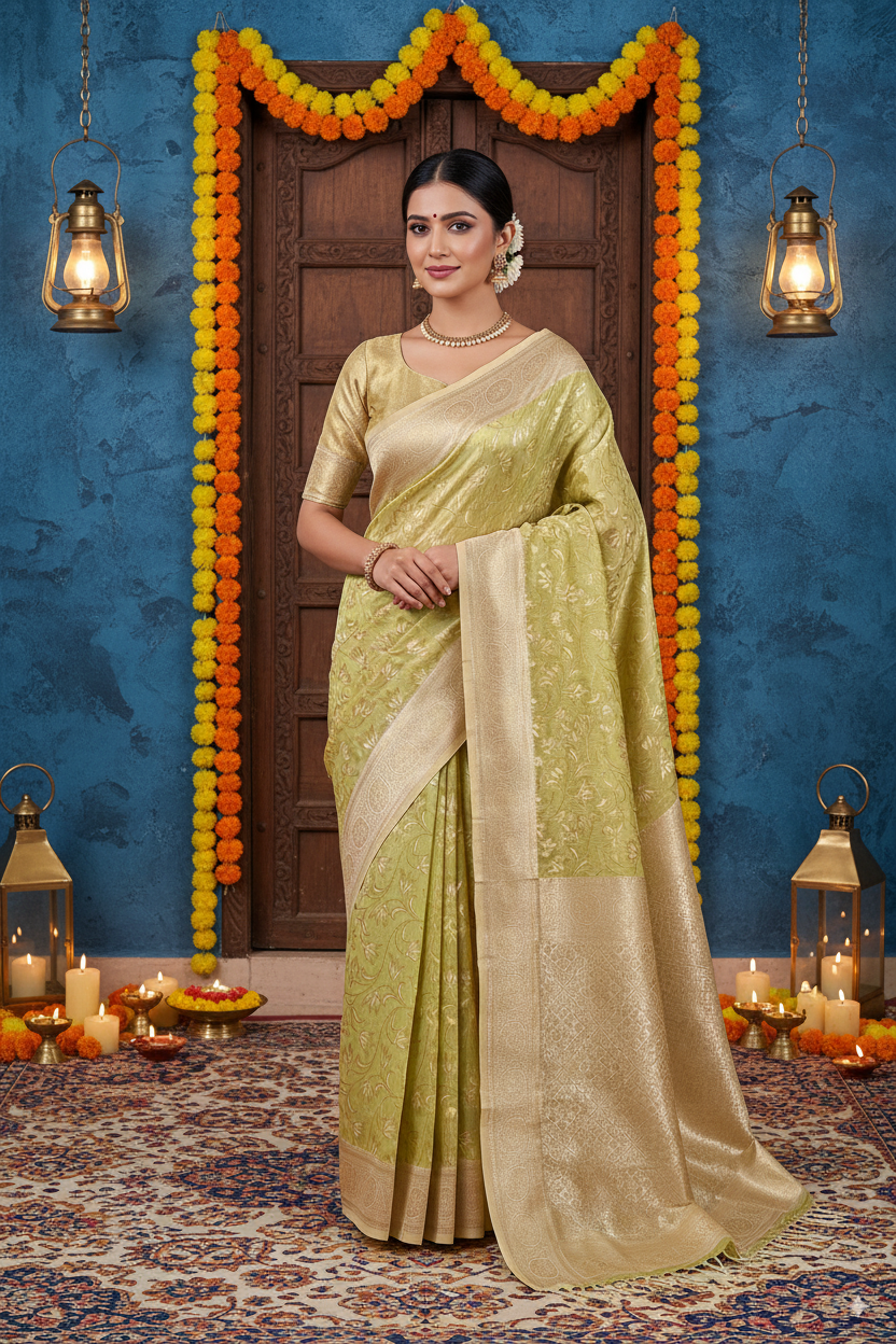 Light Green Banarsi Cotton Silk Lightweight