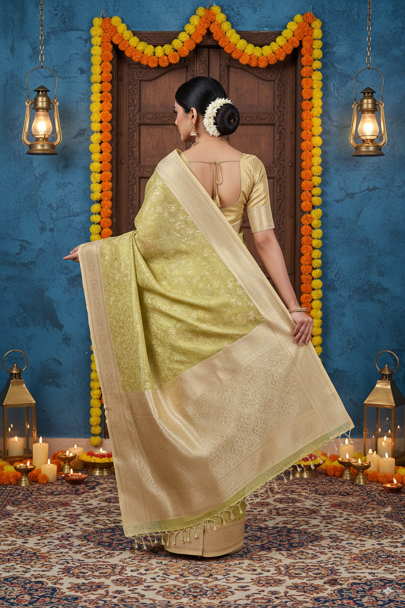 Light Green Banarsi Cotton Silk Lightweight