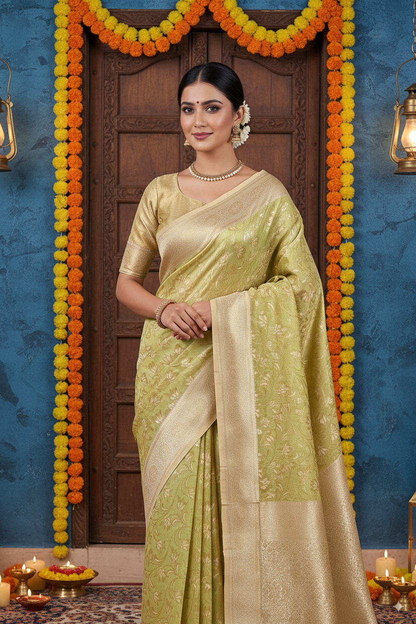 Light Green Banarsi Cotton Silk Lightweight