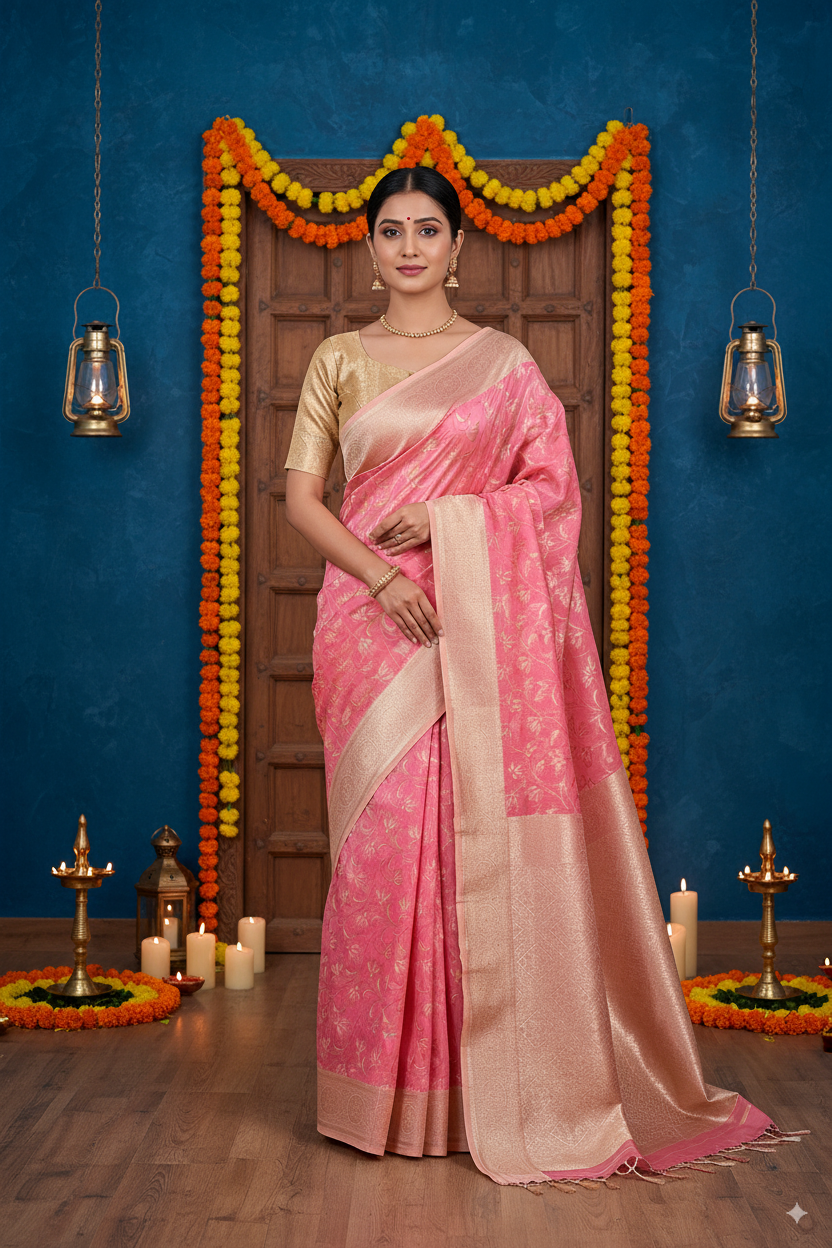 Baby Pink Banarsi Cotton Silk Lightweight