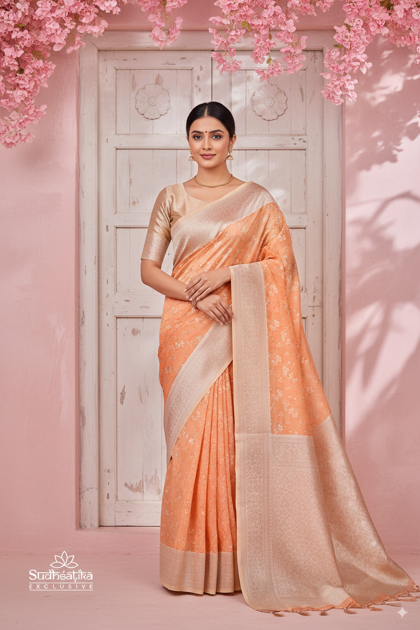 Peach Banarsi Cotton Silk Lightweight