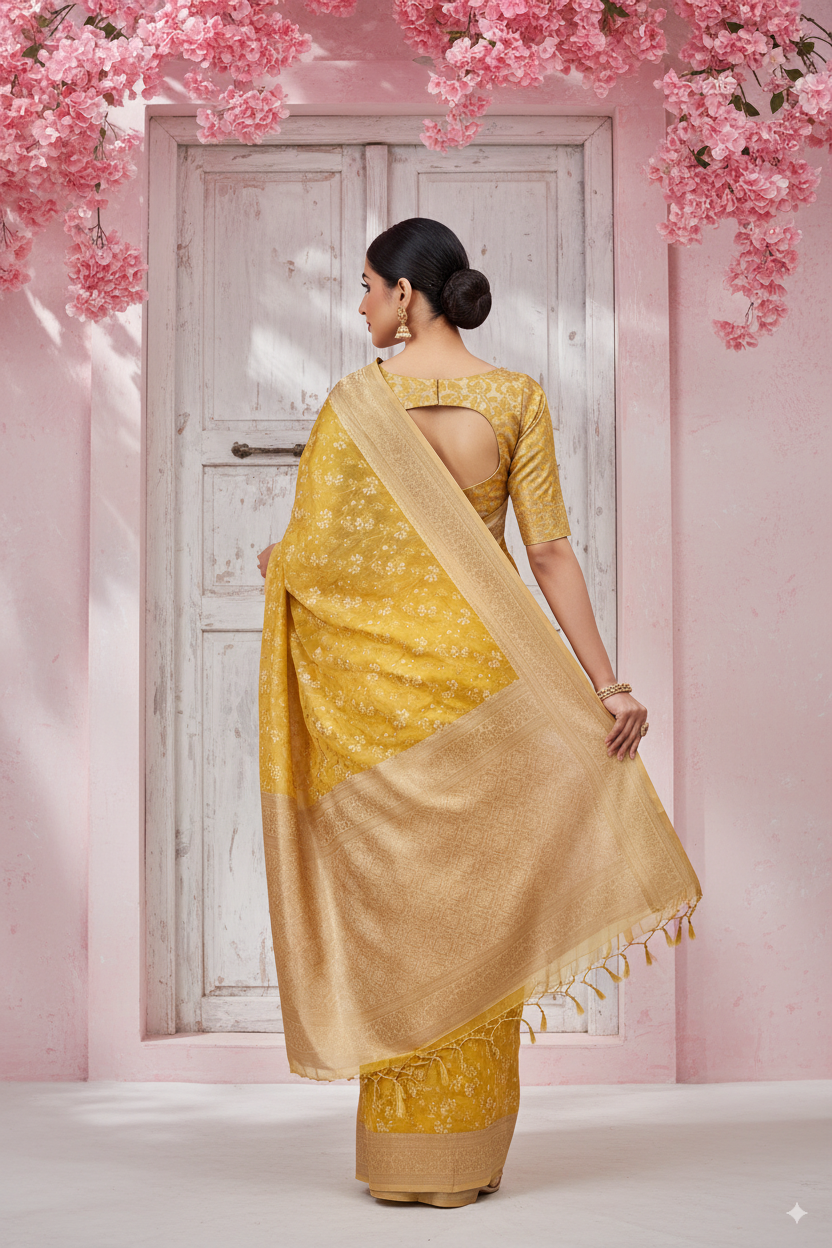 Lemon Yellow Banarsi Cotton Silk Lightweight