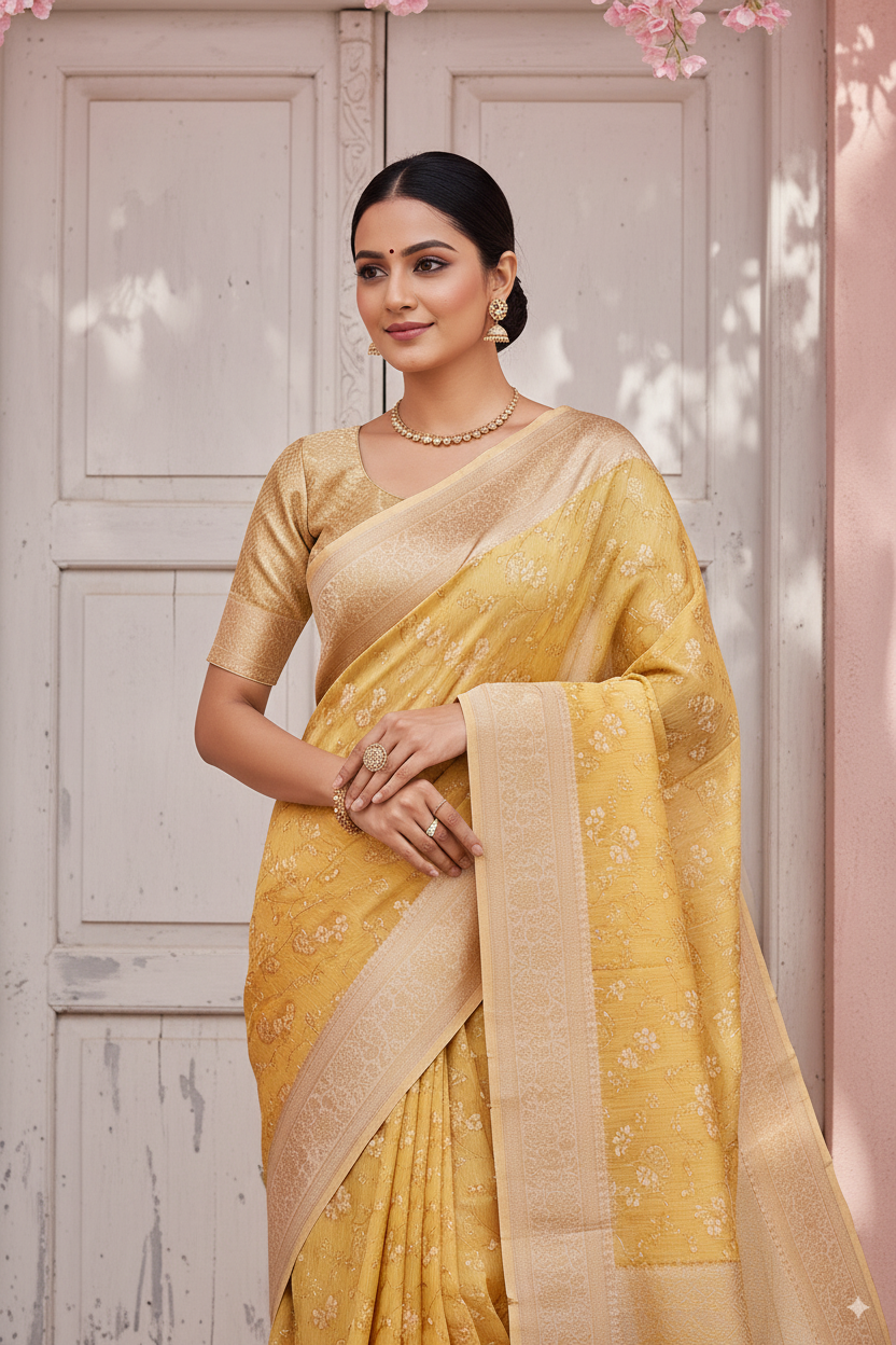 Lemon Yellow Banarsi Cotton Silk Lightweight