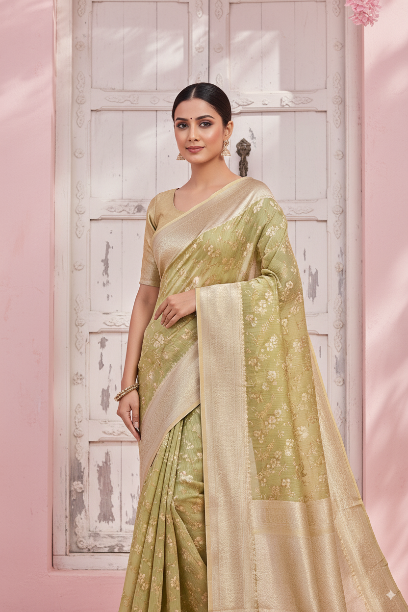 Light Green Banarsi Cotton Silk Lightweight
