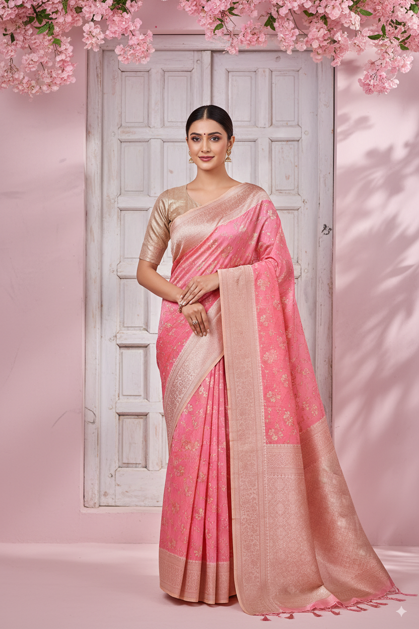 Baby Pink Banarsi Cotton Silk Lightweight