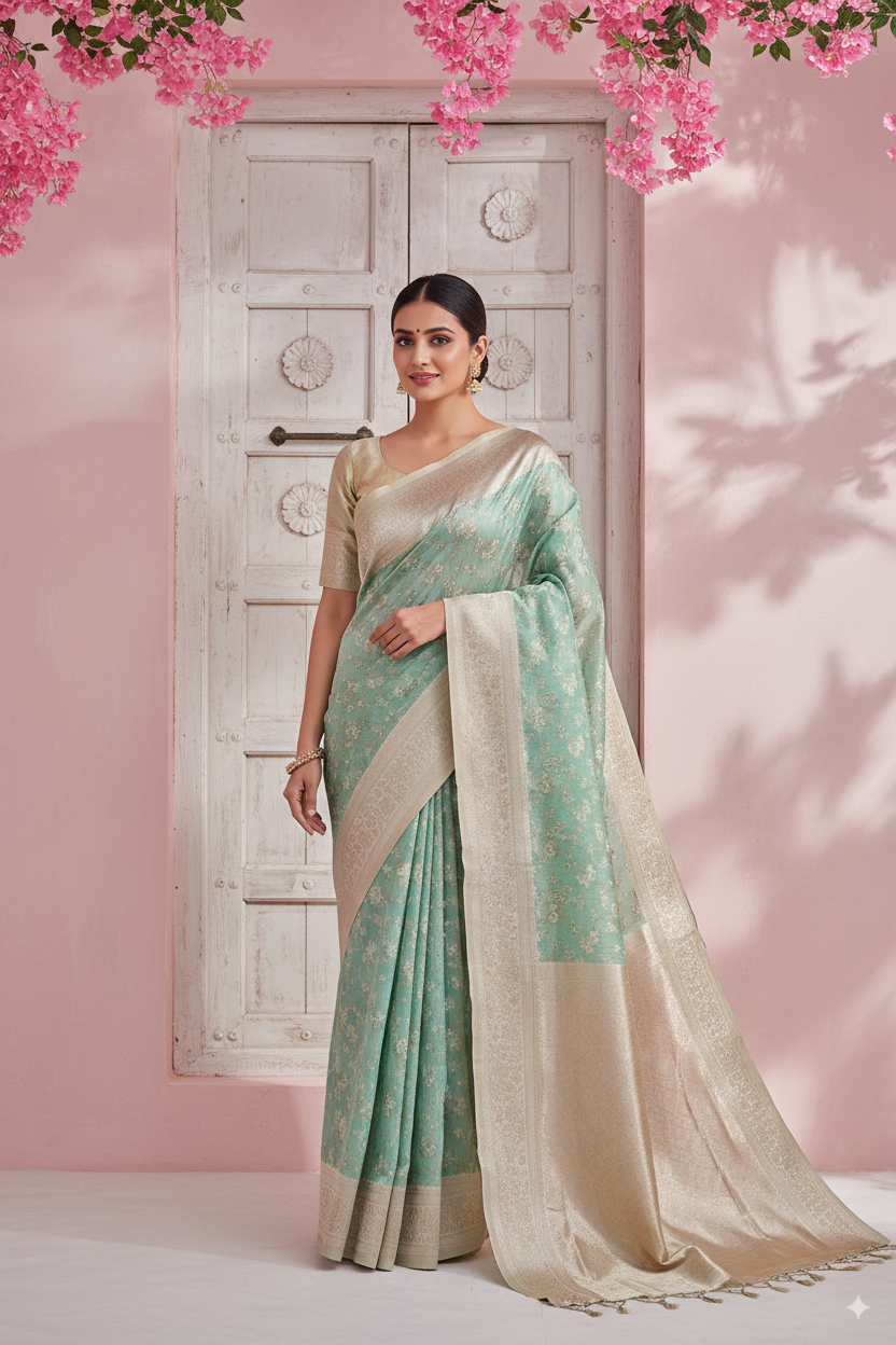Sea Green Banarsi Cotton Silk Lightweight