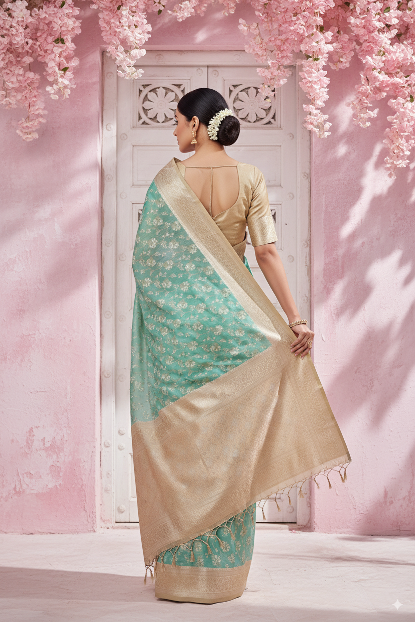 Sea Green Banarsi Cotton Silk Lightweight