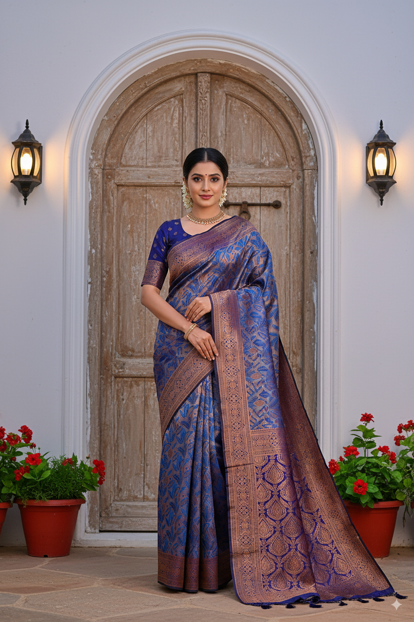 Persian Blue Silk Woven Banarasi Saree Lightweight