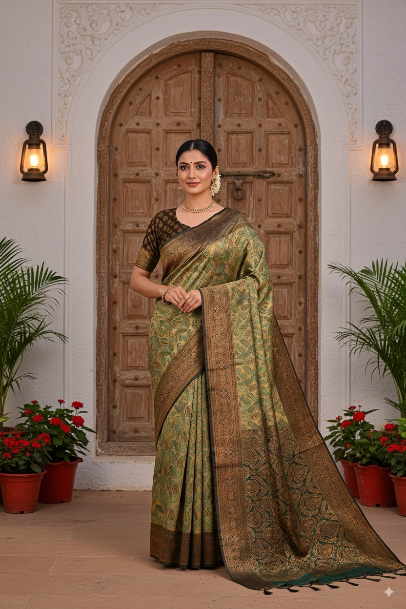 Mehendi Green Silk Woven Banarasi Saree Lightweight