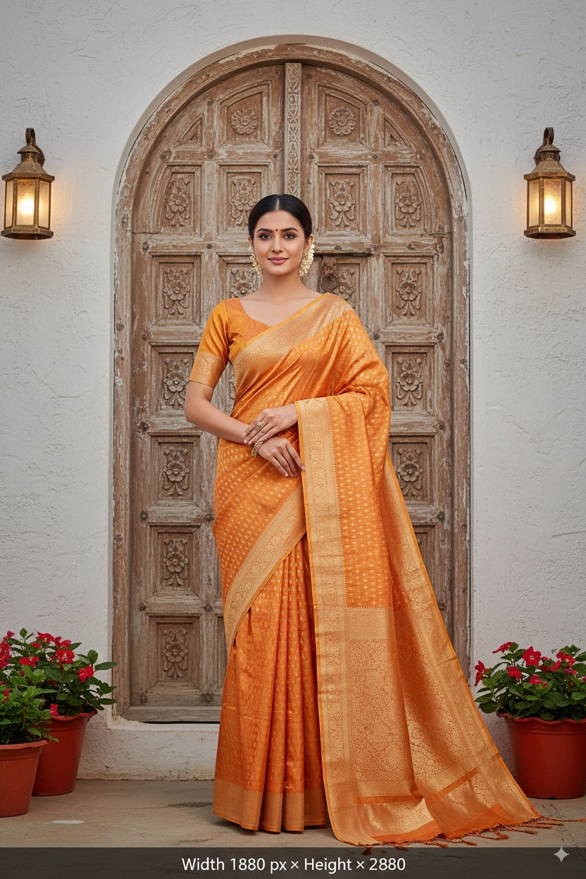 Golden-Orange Olive Metallic Banarasi Tissue Silk Lightweight
