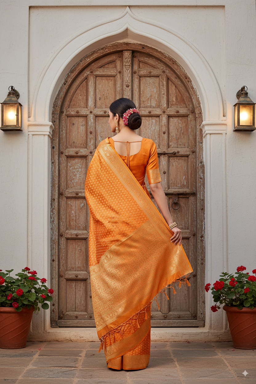 Golden-Orange Olive Metallic Banarasi Tissue Silk Lightweight
