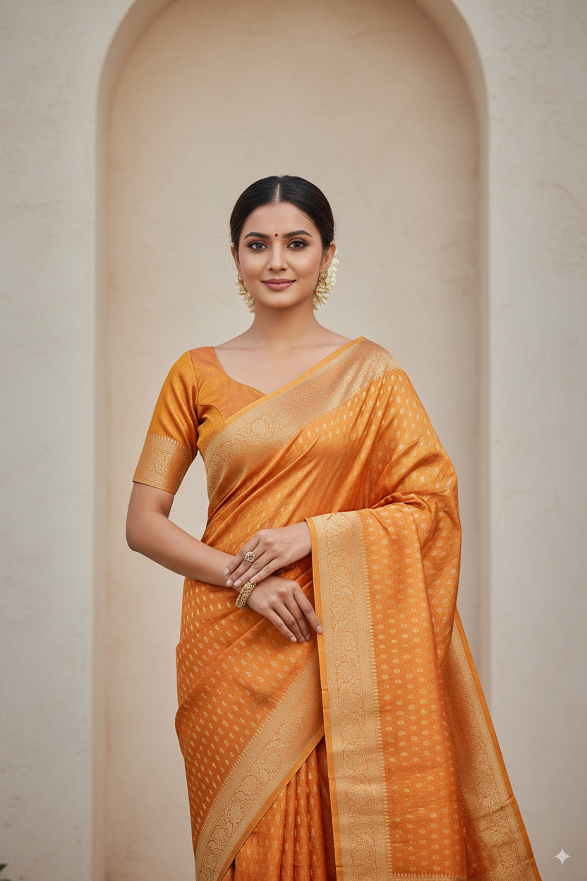 Golden-Orange Olive Metallic Banarasi Tissue Silk Lightweight