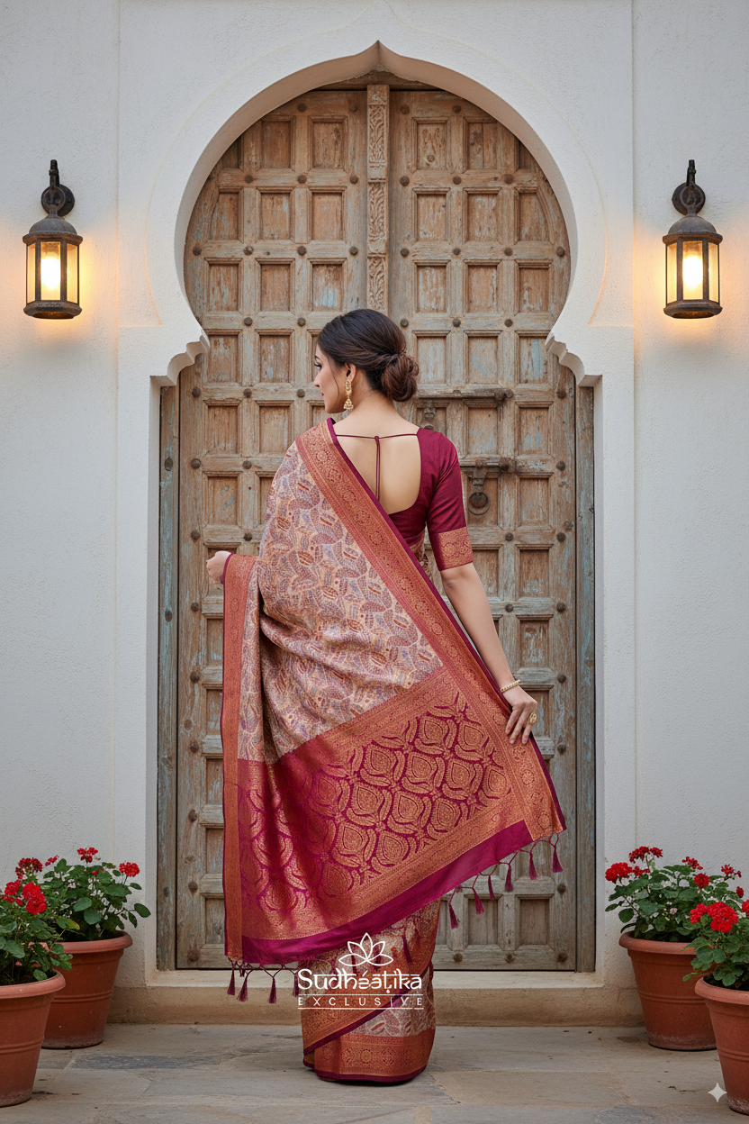 Wine Silk Woven Banarasi Saree Lightweight