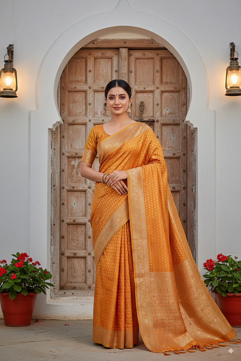 Golden-Light Orange Metallic Banarasi Tissue Silk Lightweight