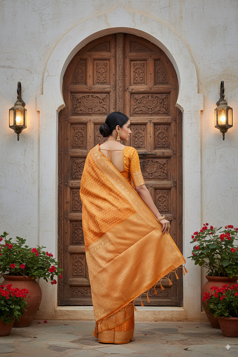 Golden-Light Orange Metallic Banarasi Tissue Silk Lightweight