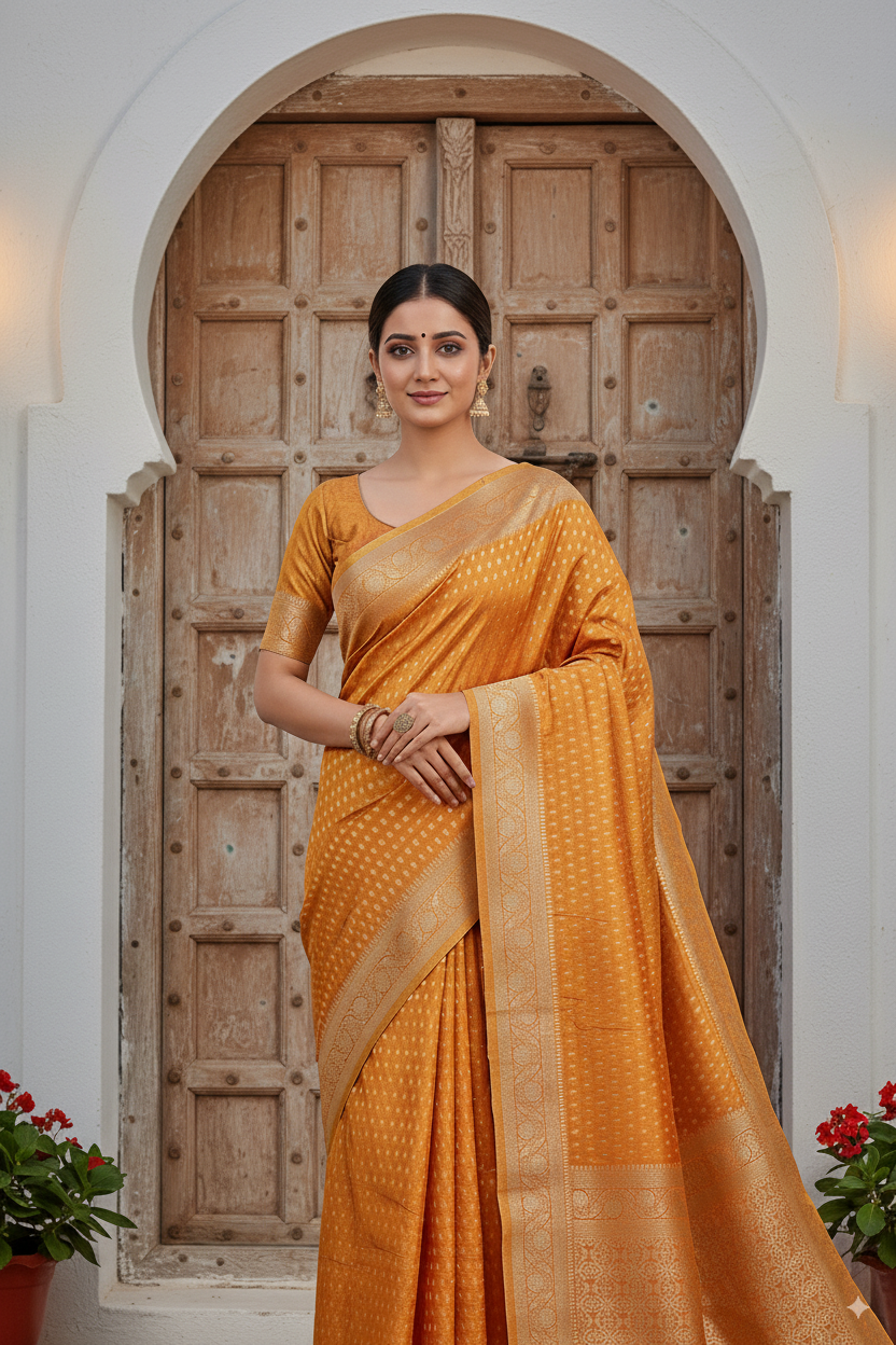 Golden-Light Orange Metallic Banarasi Tissue Silk Lightweight