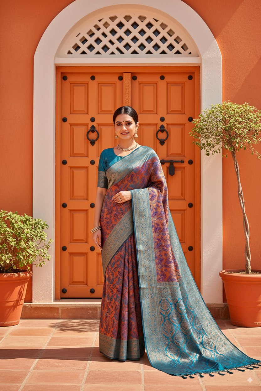 Rama Green & Rust-Orange Silk Woven Banarasi Saree Lightweight