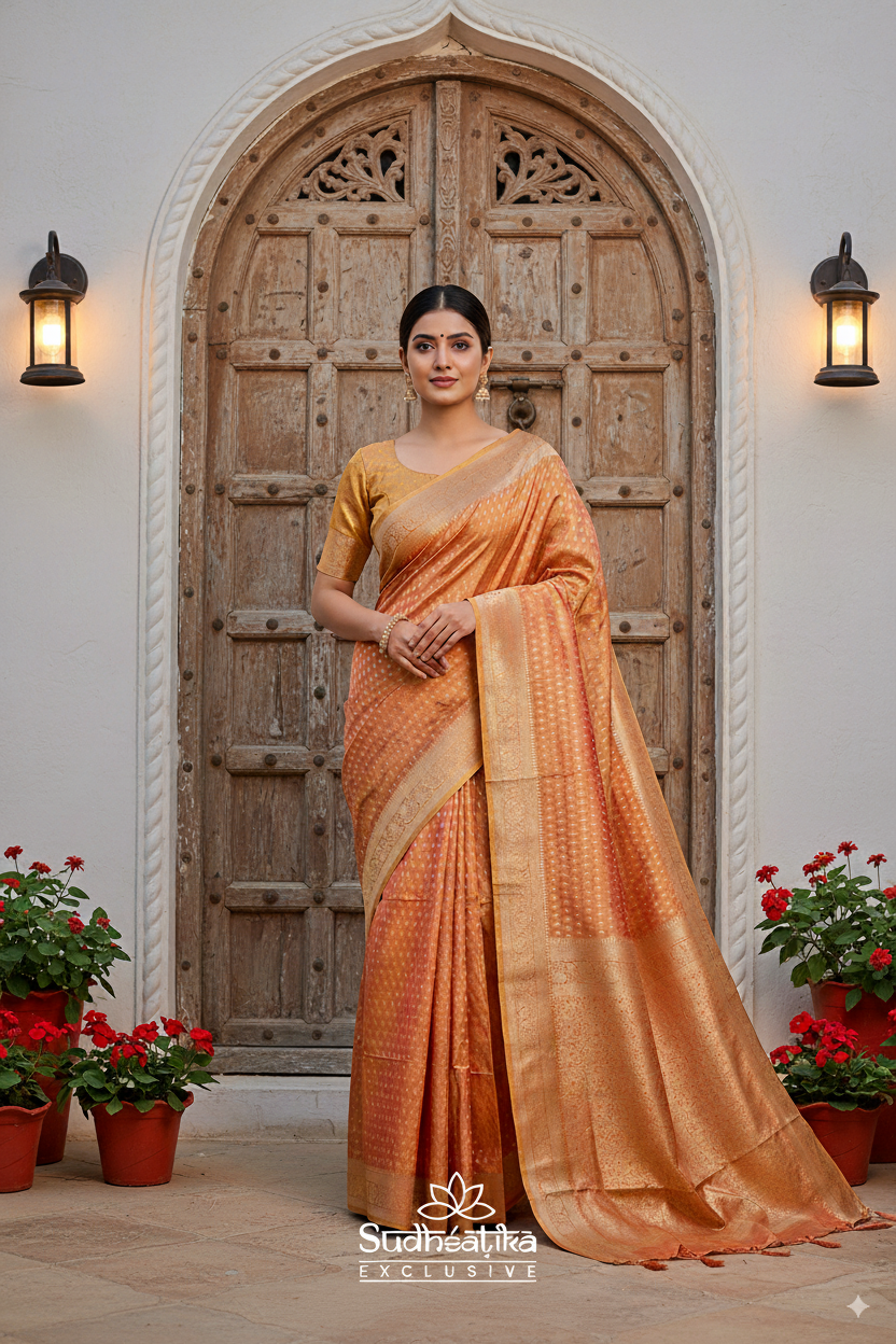 Golden-Peach Caramal Metallic Banarasi Tissue Silk Lightweight