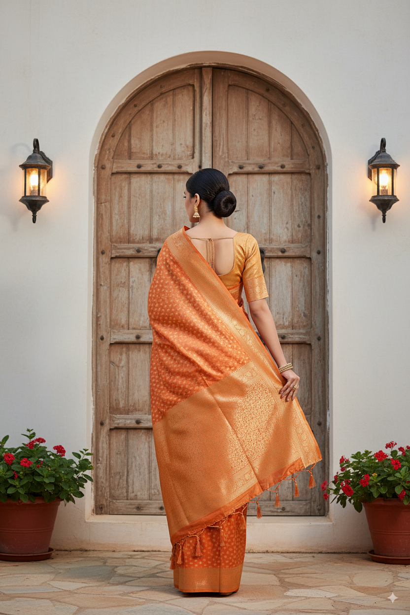 Golden-Peach Caramal Metallic Banarasi Tissue Silk Lightweight