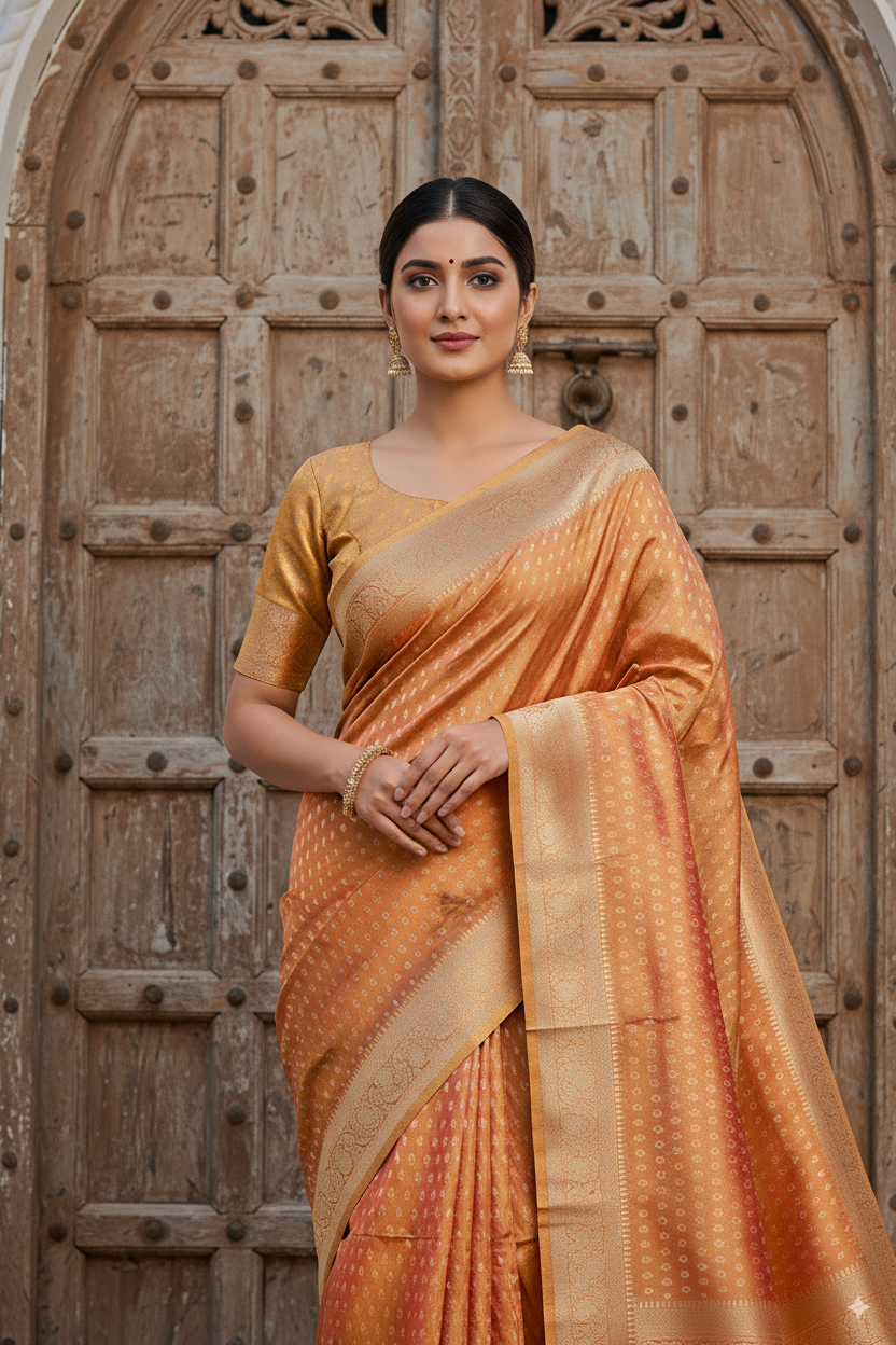 Golden-Peach Caramal Metallic Banarasi Tissue Silk Lightweight