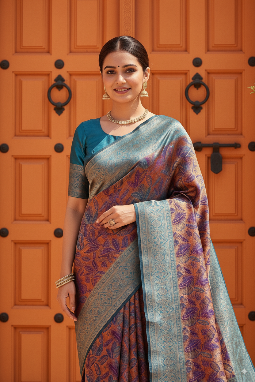 Rama Green & Rust-Orange Silk Woven Banarasi Saree Lightweight